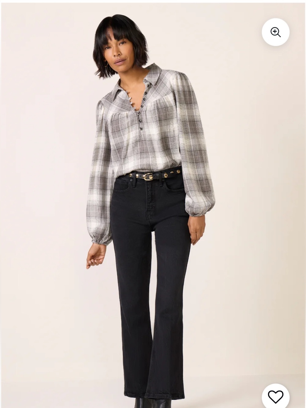 Evereve Maleah Pucker Plaid Blouse black gray front buttons yolk long sleeve